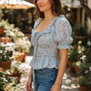 Blue Collection Cottagecore Baby Blue Floral Smocked Peplum Top Milkmaid Dream